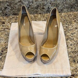 Jimmy Choo Tan Patent Leather Peep Toe wedge